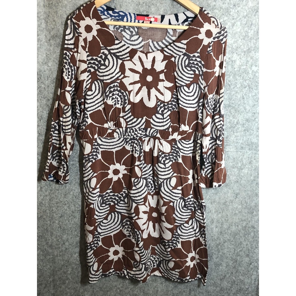 Boden Dress Womens 6 Brown Floral Print 3/4 Sleeve Shift Short Boho Casual